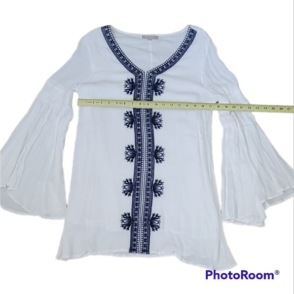 Joan Vass Embroidered Boho Bell Sleeve Tunic Oversized Longline Flowy Gauzy - Picture 8 of 11